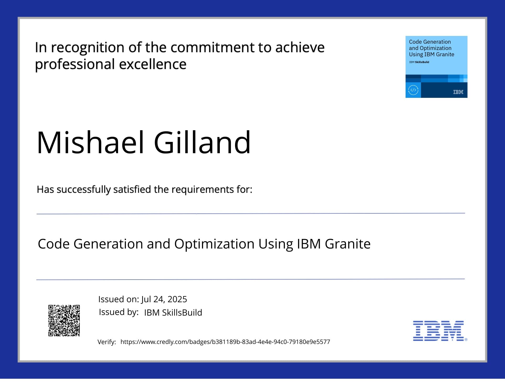 IBM Granite Code Generation certificate
