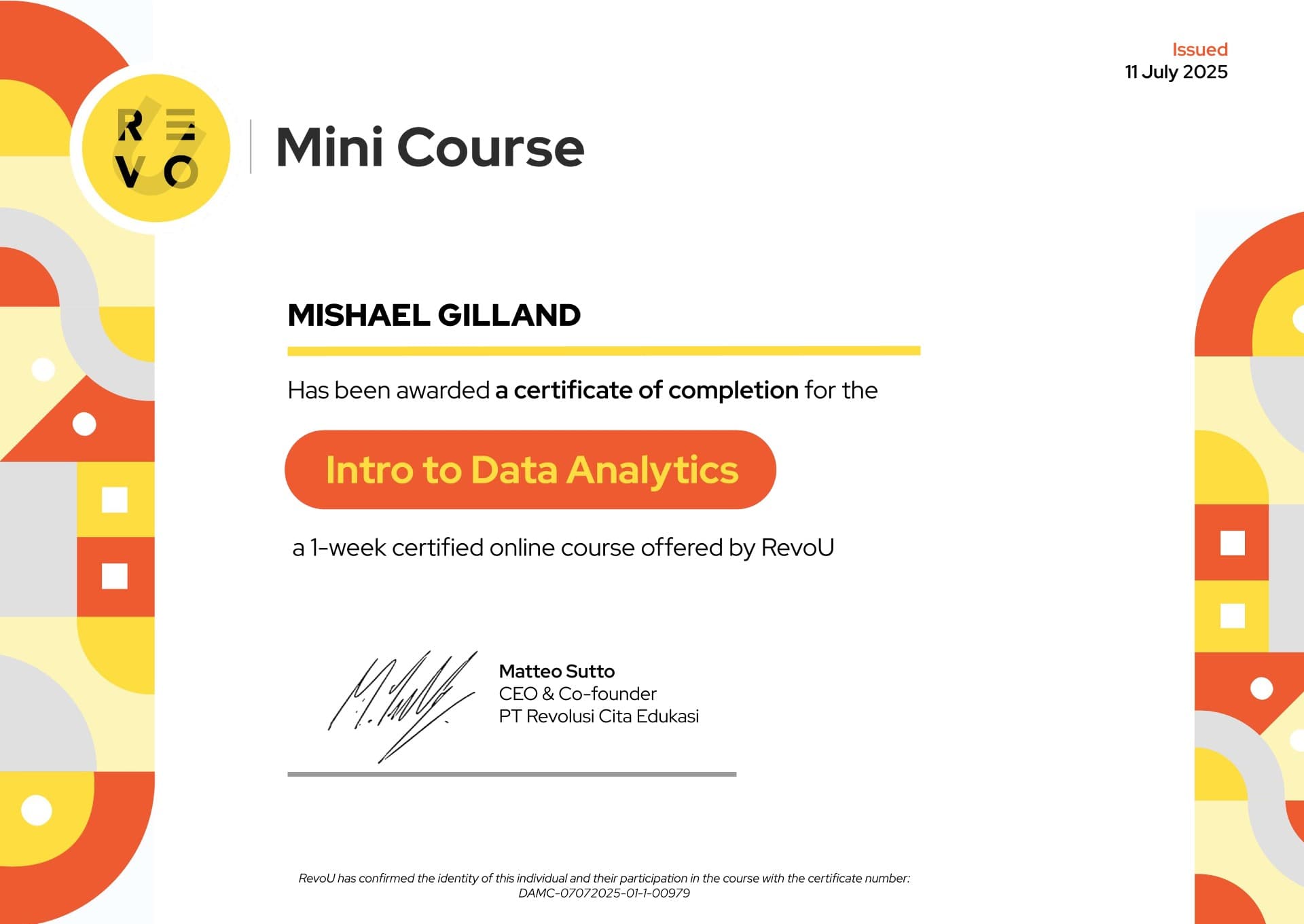 RevoU Intro to Data Analytics certificate